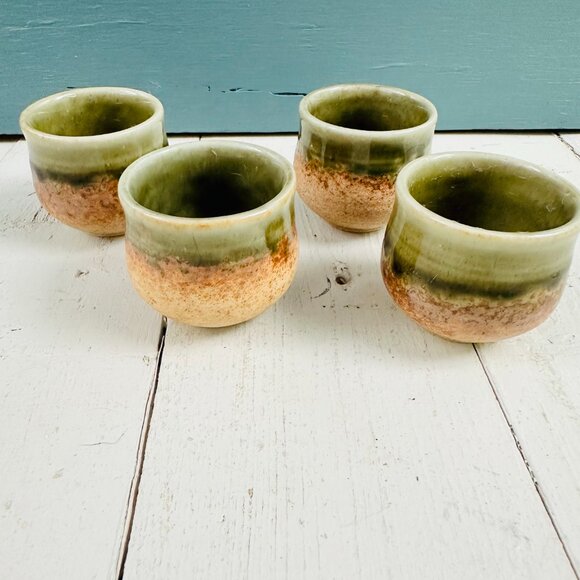 Ochoko cups, set of four, Japanese mino wear sake cups, blue and brown ceramic - Picture 6 of 10